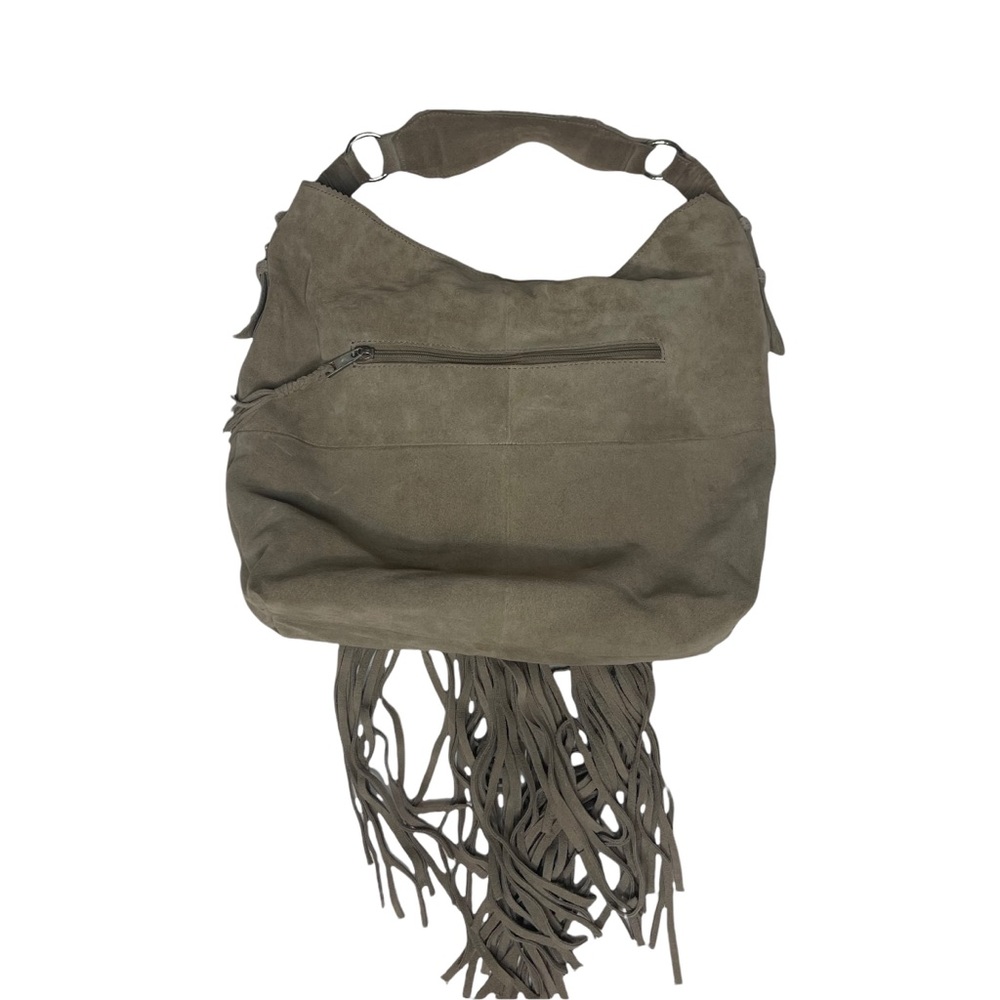 Last Chance….Sondra Roberta Gray Suede Leather Large Fringe Studded Hobo Bag - Picture 12 of 16